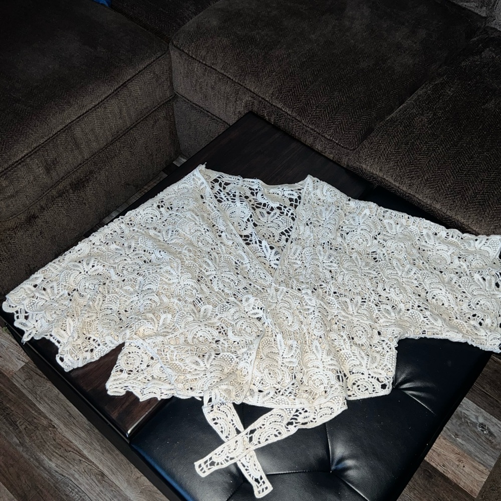 Perfect for a beach day! Crochet Tie-Front Women's Top in Cream 100% Cotton